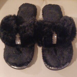 RockDove Black Bling Furry Flip Flop Comfy & Cute Slippers Size Large